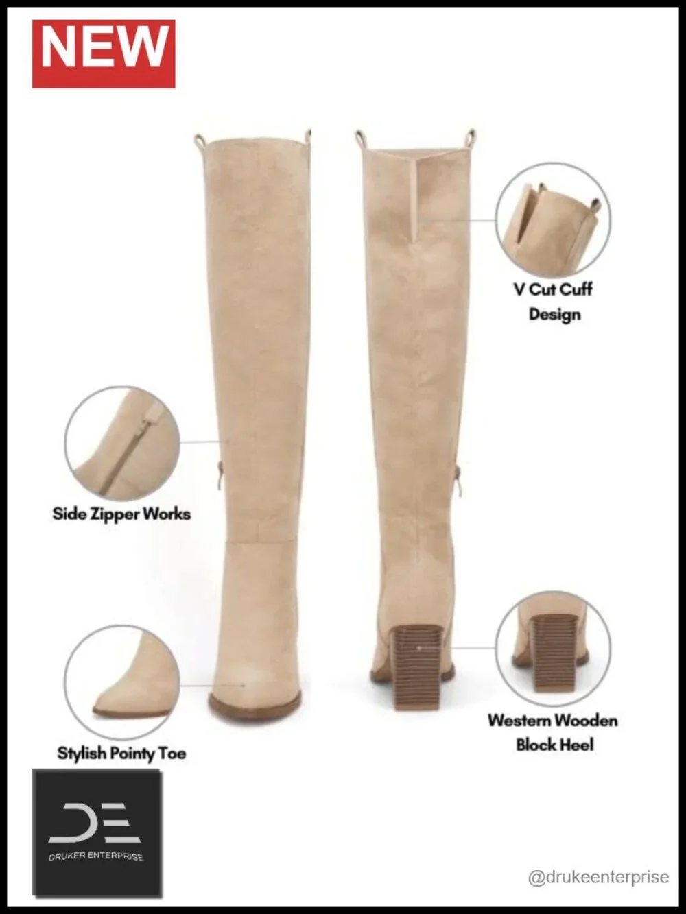 Faux Suede Knee High Side Zipper Chunky Heel Stretch Winter Boots